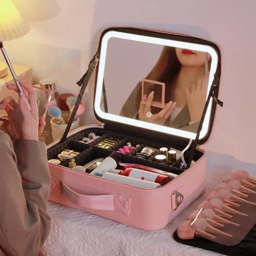 Maletín Organizador de Maquillaje con Espejo Led