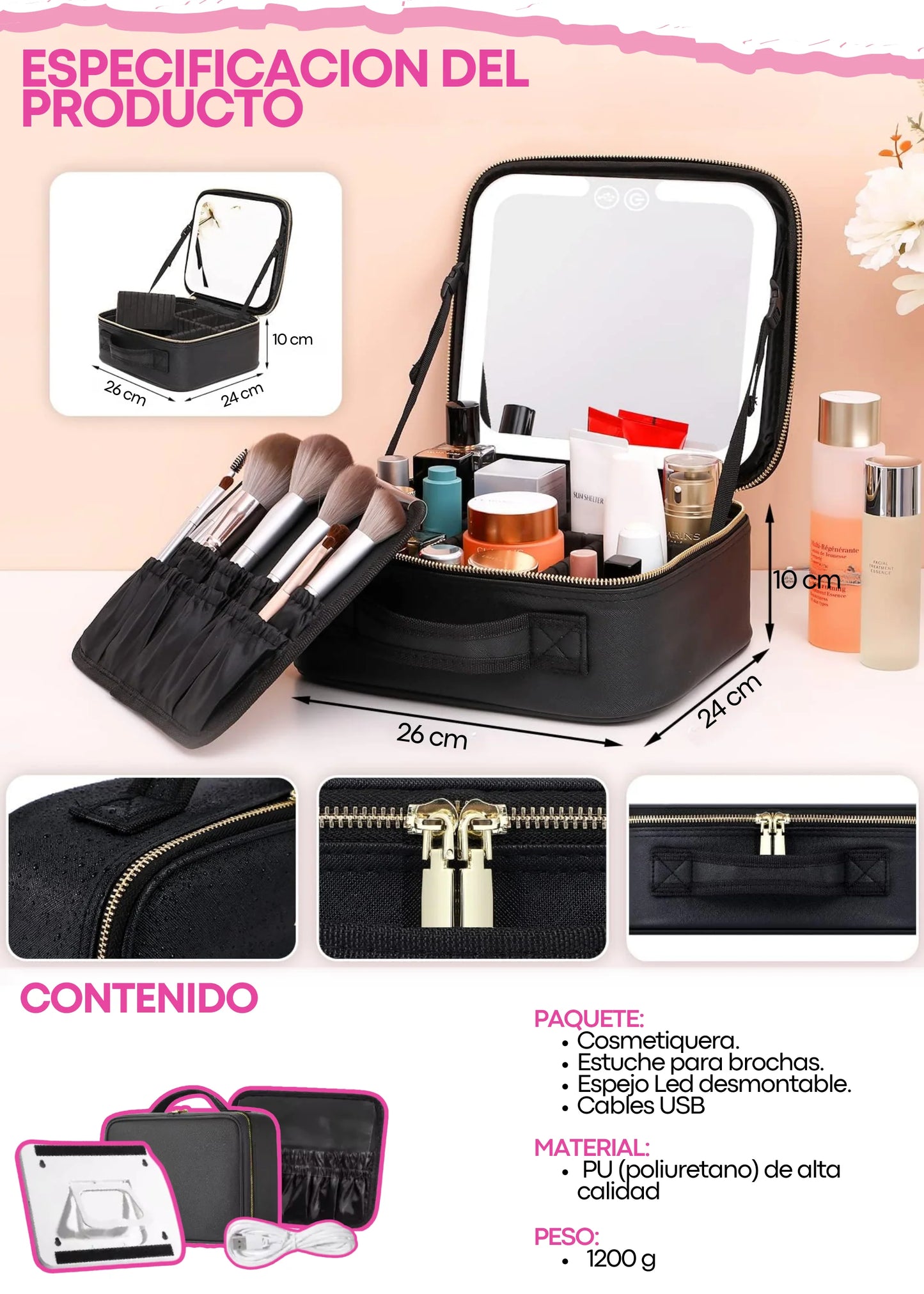 Maletín Organizador de Maquillaje con Espejo Led