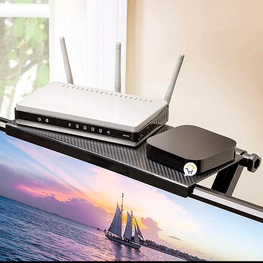Soporte TV de Mesa con Repisa para Módem - Multifuncional y Organizador Todo en Uno