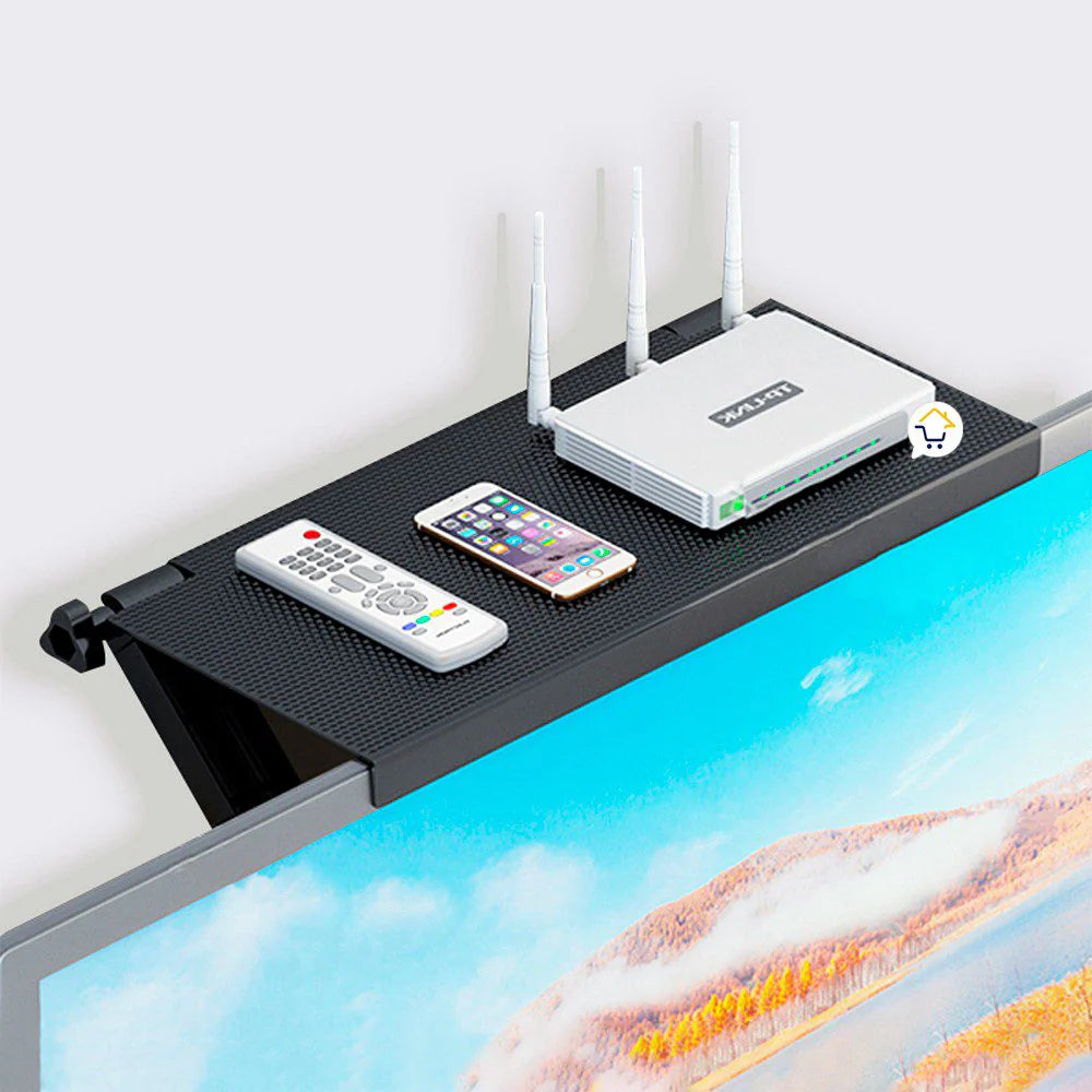 Soporte TV de Mesa con Repisa para Módem - Multifuncional y Organizador Todo en Uno