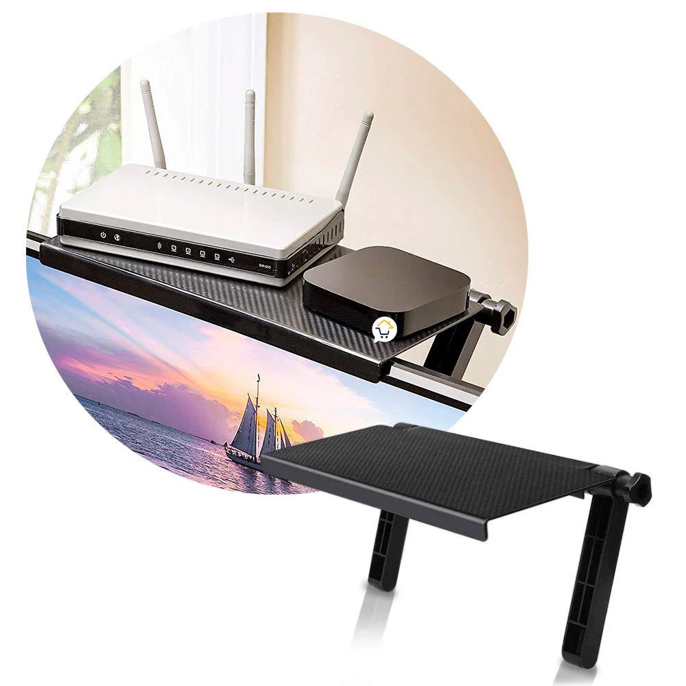 Soporte TV de Mesa con Repisa para Módem - Multifuncional y Organizador Todo en Uno
