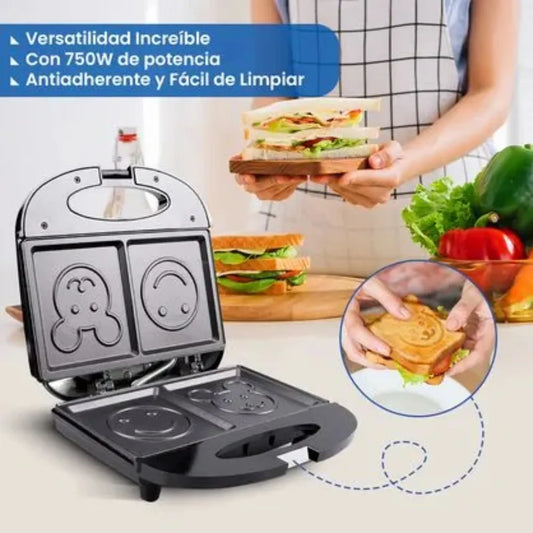Sanduchera Eléctrica Carita Feliz Antiadherente Negro
